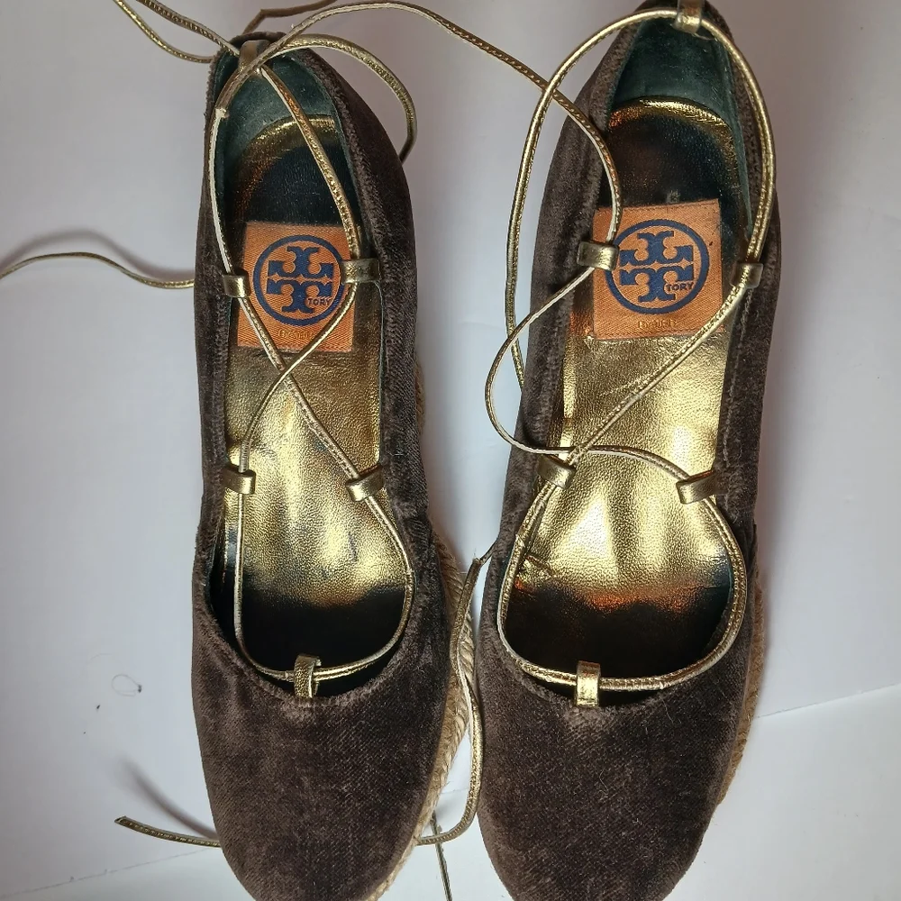 TORY BURCH Brown Velvet Espadrille Wedges Ankle Tie Sz 8.5 WornButNotWornOut